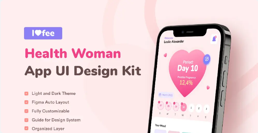 e36a1bd7-6f8d-4ee7-8a6d-597a015b9e27 Downloadable UI resources (fig, sketch, xd) for a women's health management, menstrual management, and menstrual record calendar app. - Image 1
